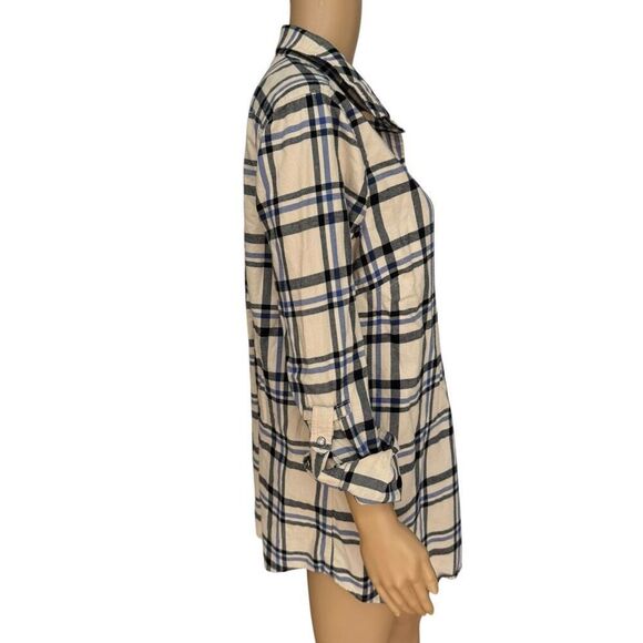 Tyler Boe 100% Cotton Flannel Half-Button Shirt Cream Black Blue Plaid size L - Picture 2 of 7